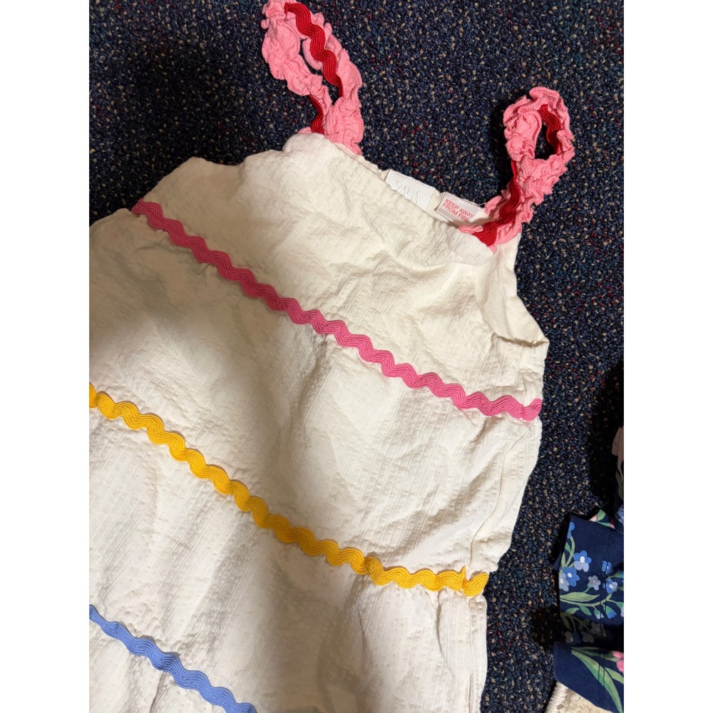 Zara Kids White Ric Rac Trim Dress Pink Ruffle Straps Sleeveless 6 Years 116cm